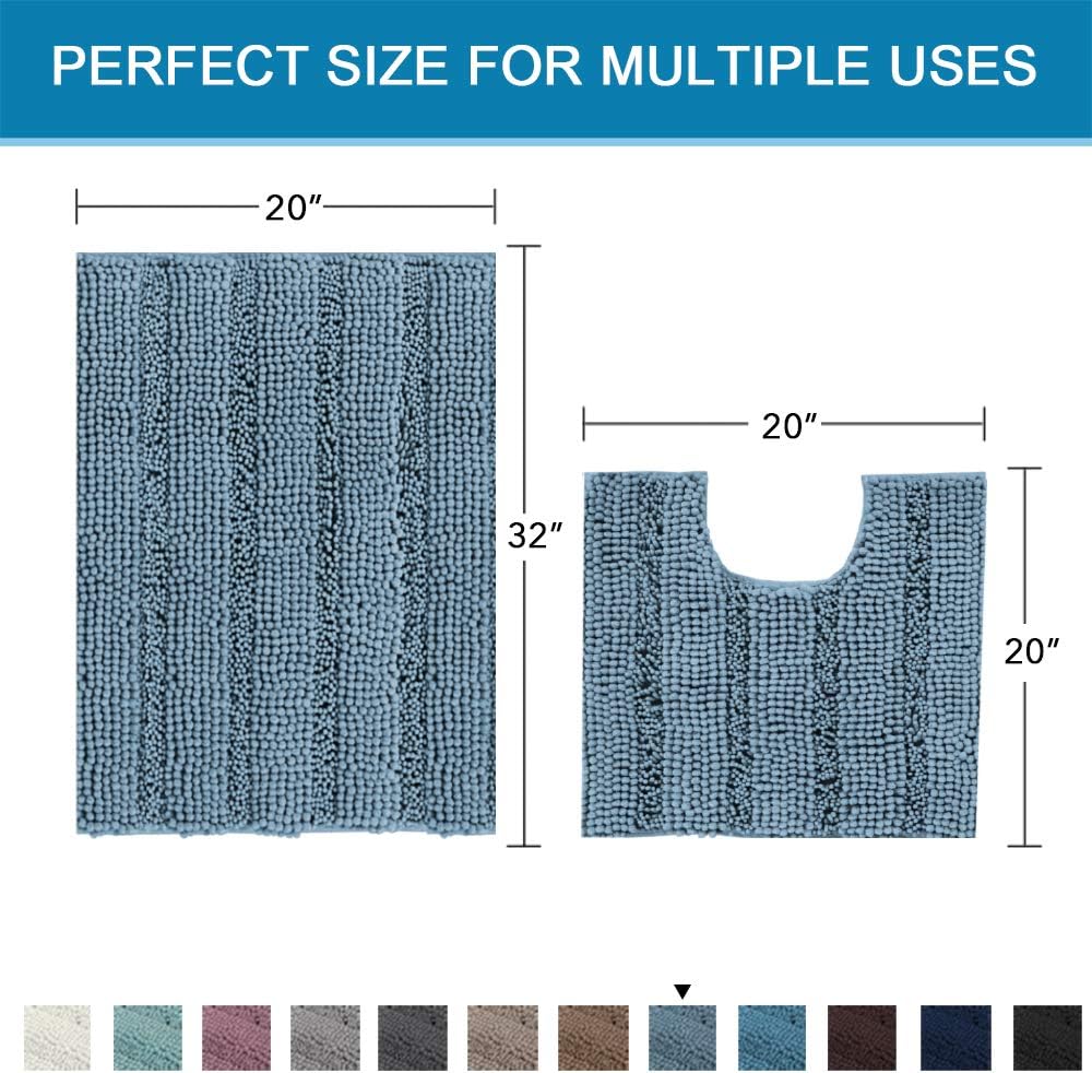 Bathroom Rugs Luxury Chenille 2 Piece Mats Soft Plush Striped 32''x20'' Bath Rug + 20''x20'' Toilet Mat Microfiber Shaggy Carpet, Super Absorbent Mats, Machine Washable(Curved Set, Stone Blue): Home & Kitchen