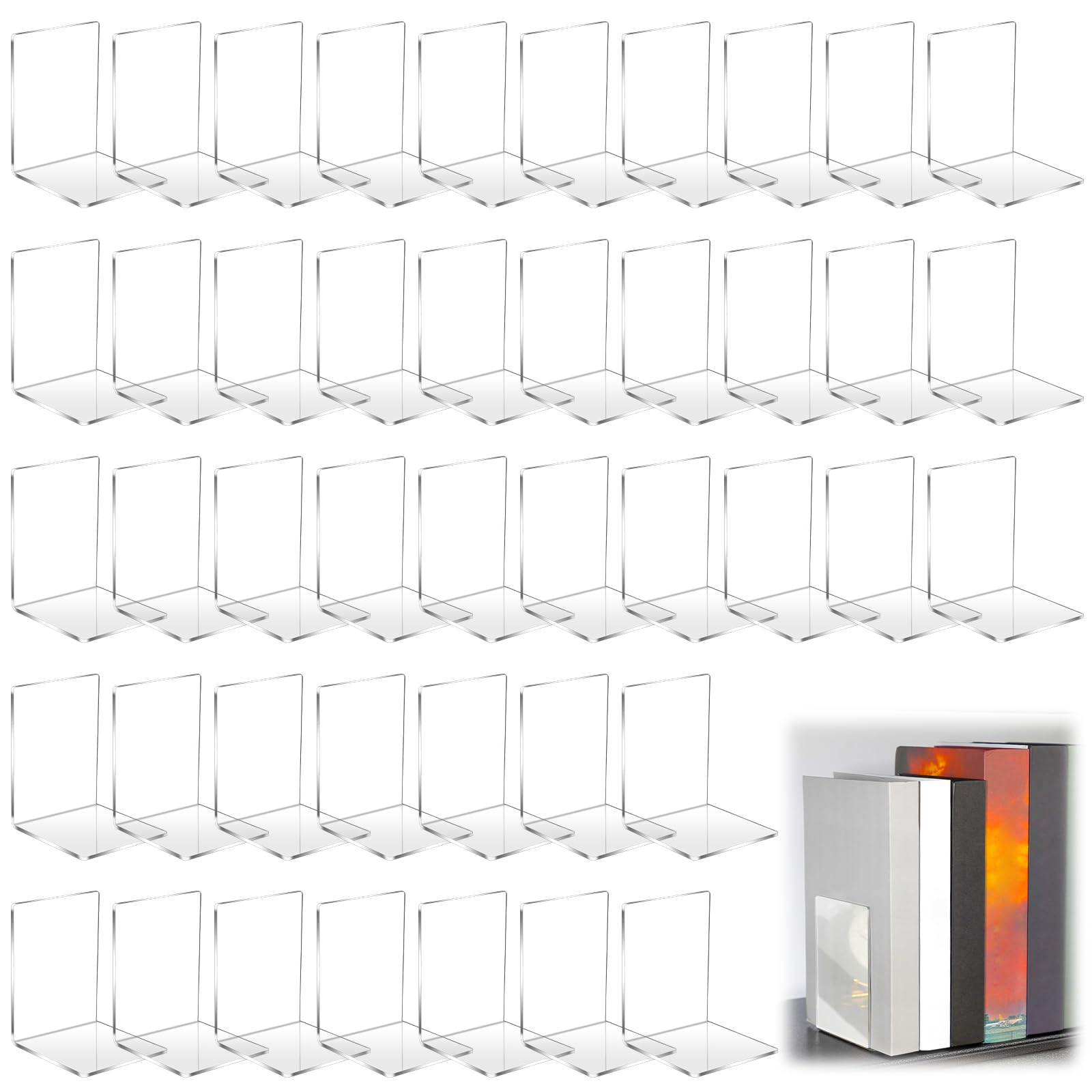 Photo 1 of Tatuo 50 Piece Acrylic Bookends Heavy Duty Clear Book Stoppers for Shelves Decorative Book Organizer for Movies, CDs, Library, Office, School 5.12 x 3.94 x 3.94 Inches