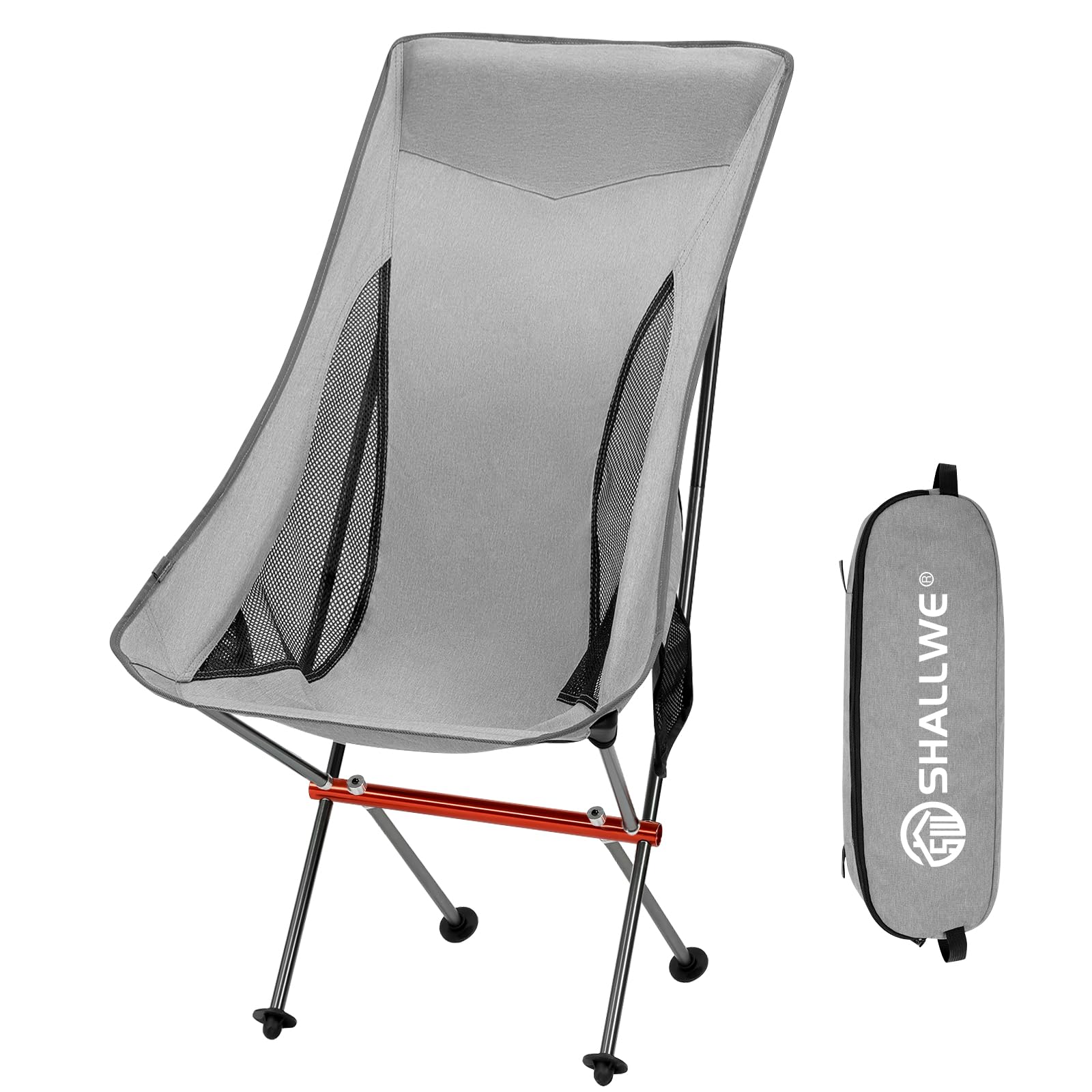 SHALLWE Ultralight High Back Folding Camping Chair, Upgraded All Aluminum Frame for Adult, Built-in Pillow, Side Pocket & Carry Bag, Compact & Heavy Duty for Outdoor Backpacking(Silver)
