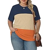 VISLILY Womens-Plus-Size-Summer-Tops Trendy Color Block T Shirts Casual Crewneck Cute Short Sleeve Blouses Tunics Tees XL-5XL