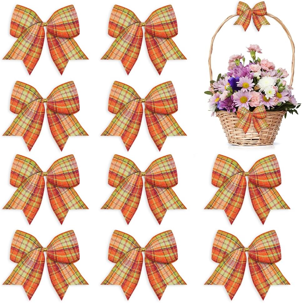 Bows & Ribbons - ABTOLS 10pcs Fall Wreath Bows, Orange Buffalo Plaid Bows for Wreath Autumn Burlap Bows for Front Door, Vintage Farmhouse Tree Bows for Thanksgiving Holiday Indoor Outdoor Decor