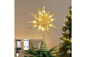 Lewondr Christmas Tree Topper, Plug in 3D Starburst Xmas Lighted Star Tree Topper, Remote Control & Timer Light Up Vintage Mo