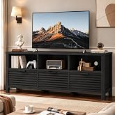 BON AUGURE Black Modern TV Stand for 55-60 in TVs, for Living Room Bedroom | Slatted Storage Drawer, Wood Grain, Mid Century Entertainment Center, Media Console, Open Shelf, 3 Cable Holes, 55.11W 22.51H