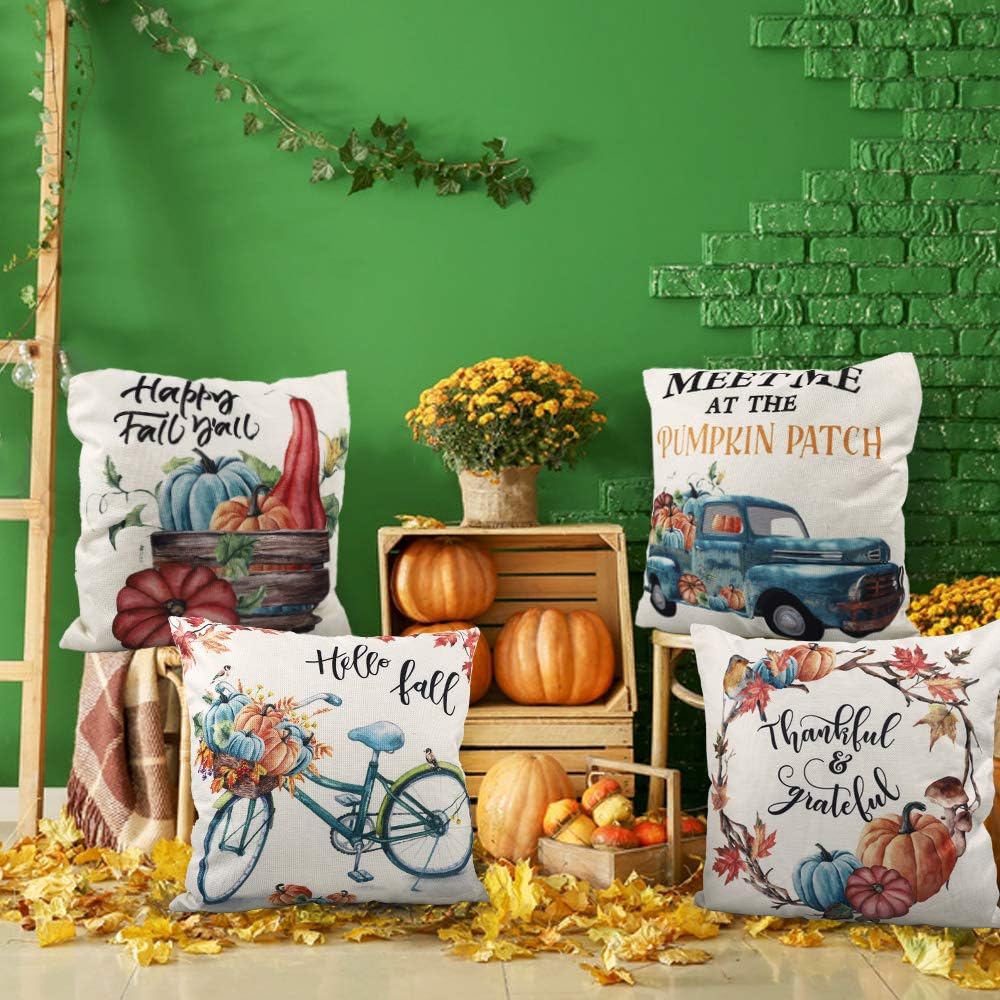 CDWERD Fall Throw Pillow Covers 18x18 Inches Pumpkin Thanksgiving Farmhouse Decorative Autumn Pillowcase Cotton Linen Cushion Case for Home Decor Set of 4: Home & Kitchen