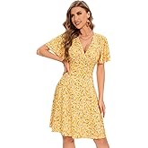 Yellow Summer Dresses for Women 2025 Vacation Casual V-Neck Floral Wrap Sundress Flutter Sleeve Knee Length Graduation Dress,XX-Large