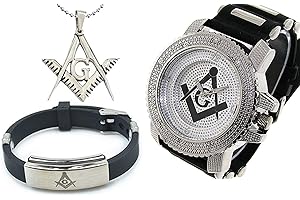 MASON ZONE 3 Piece Jewelry Set - Freemason Pendant, Bracelet & Masonic Watch, Black Silicone Band Freemason Symbol Black & Silver Face Dial Watch