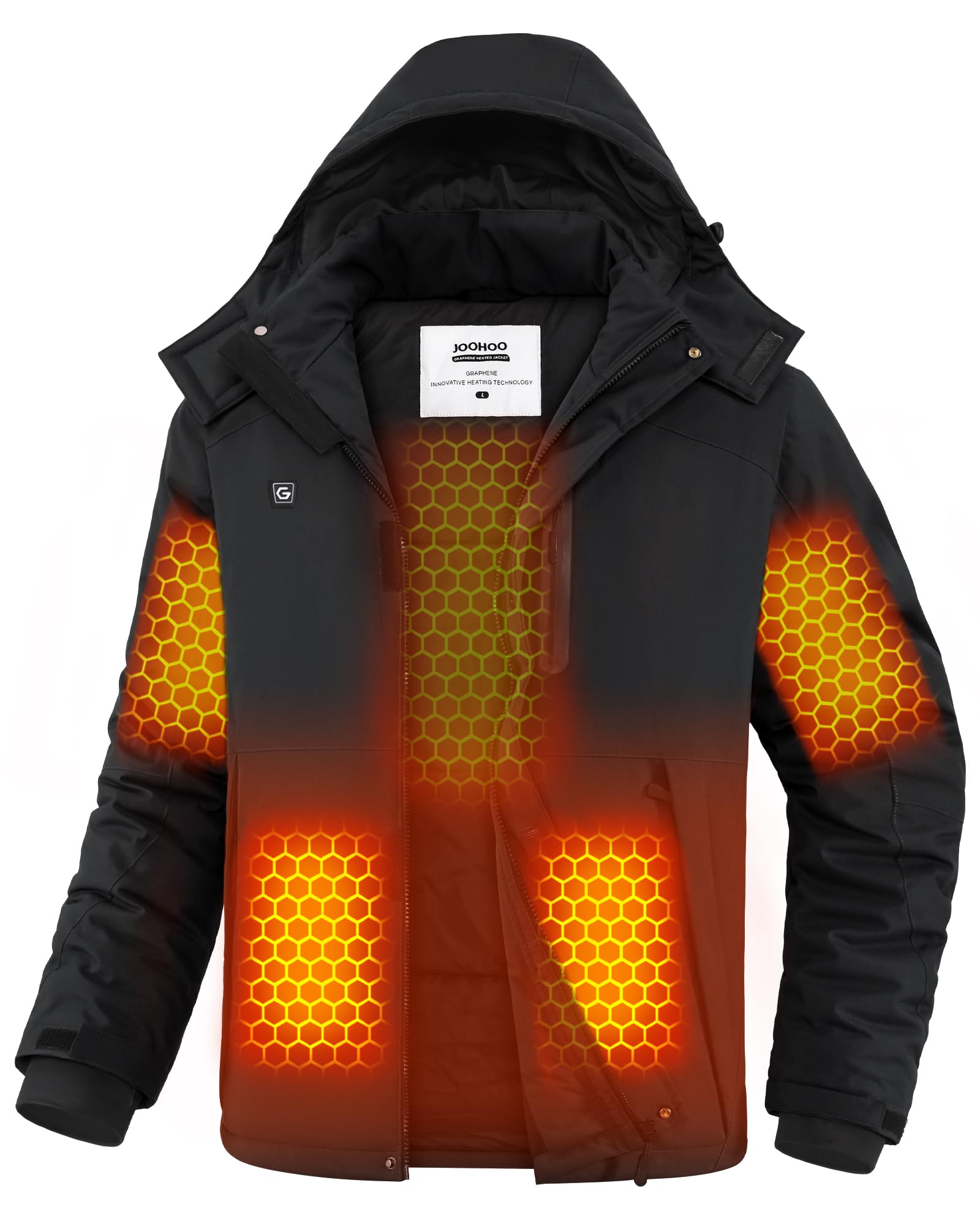 Photo 1 of joohoo Heated Jackets for Men, Mens Warming Heated Coat with Rechargeable Battery Pack Included, Men’s Electric Hunting Winter Jacket by Graphene Heating, Black, Waterproof, L