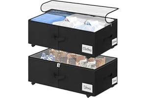 KUKIKAN Under Bed Storage with Wheels, 2-Pack 10" Height XXL 60L Rolling Storage Bins, Quick Assembly Underbed Shoe Storage Containers with Clear Lid & Label, Dorm Under bed Drawers for Clothes, Shoes, Black