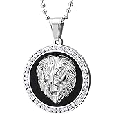COOLSTEELANDBEYOND Men Women Steel Embossed Lion Head Circle Medal Pendant Necklace with CZ, Black Onyx, Silver Black