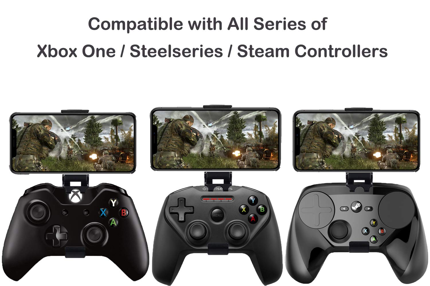 Megadream Foldable Mobile Phone Holder Cellphone Clamp Smartphone Clip Compatible with Microsoft Xbox One/Xbox One S/Xbox One X, SteelSeries Stratus XL/Nimbus, Steam Controllers, with Analog Stick Cap