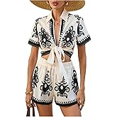 SweatyRocks Women's 2 Piece Boho Tie Front Blouse and Shorts Sets Summer Vacation Outfits