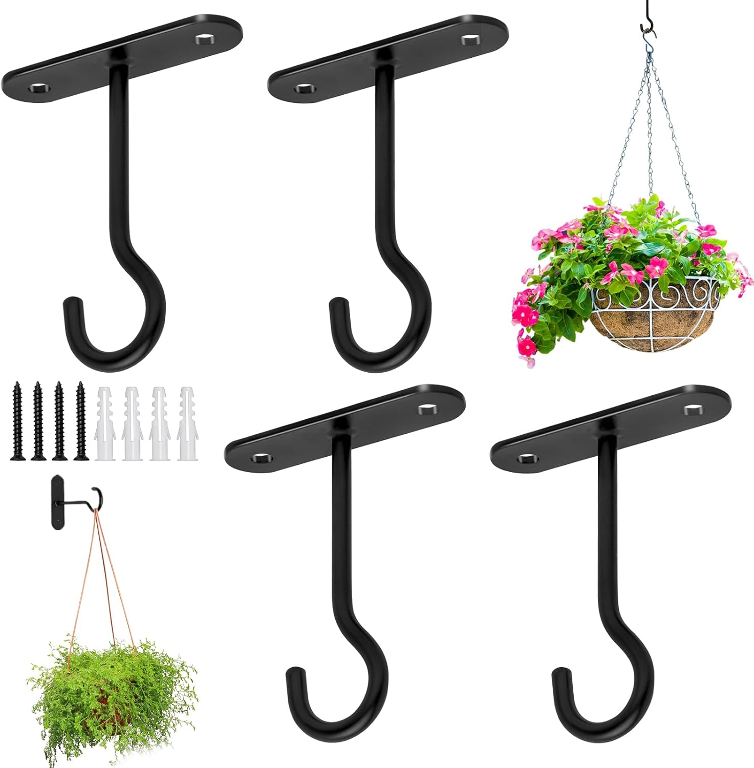 Outdoor Hanging Brackets - PUPINGPIG Ceiling Hooks for Hanging Plants 4 Pack 4inches, Wall Mount Plant Hanger Wall Hooks for Plants, Hanger Hook for Hanging Bird Feeders,Wind Chimes, Indoor&Outdoor Hooks