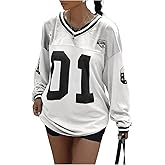 BEAUDRM Women's Jersey Shirts Y2k Oversized T Shirt Number Letter Graphic Long Sleeve V Neck Sports Tee