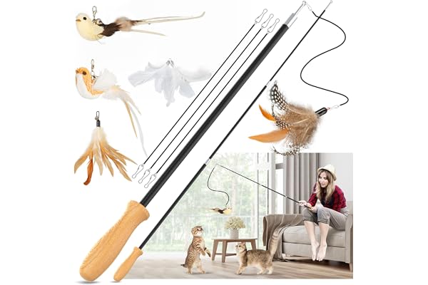 ROSAUI Telescopic Cat Wand Toy Set – 2 Extendable Rods (107cm) with 5 Interchangeable Feather & Bird Attachments, Wooden Hand