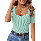 MEROKEETY Women's Summer Ribbed T Shirts 2026 Square Neck Short Sleeve Slim Fit Knit Tee Tops Dressy Casual Trendy Clothes
