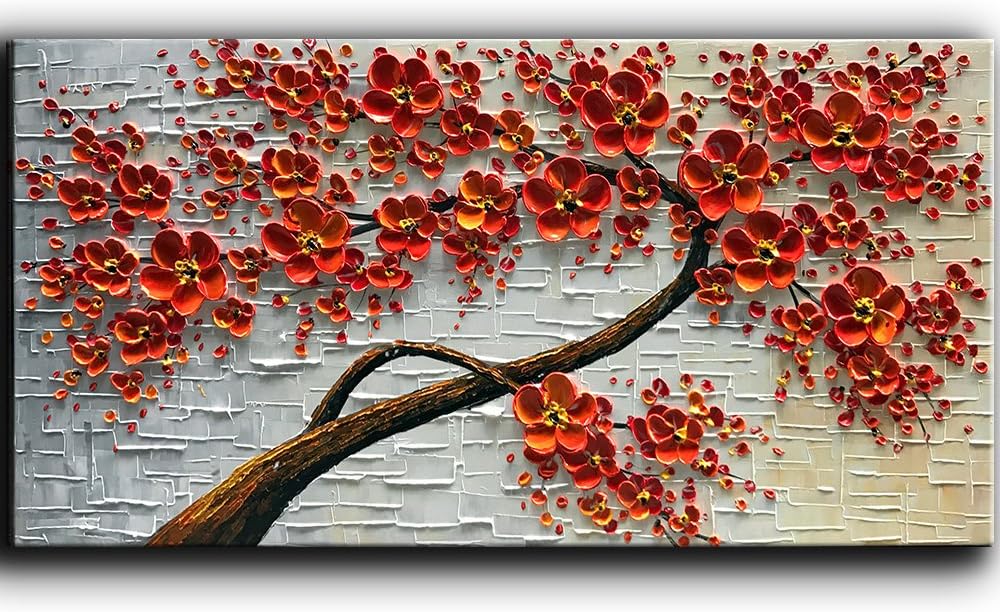 Paintings - YaSheng Art - hand-painted Oil Painting On Canvas Texture Palette Knife Red Flowers Paintings Modern Home Decor Wall Art Painting Colorful 3D Flowers Tree Paintings Ready to hang 24x48inch