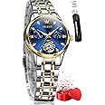 OLEVS Automatic Watches for Womens Luxury Gold and Silver Stainless Steel Thin Wrist Watches Mechanical Flywheel Moon Phase Blue & White Dial Waterproof