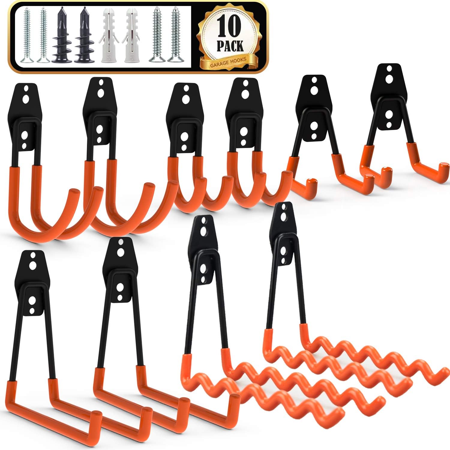 Garage Hooks Wall Mount, 10 Pack Steel Garage Storage Hooks Organizer Heavy Duty, Anti-Slip, for Hanging Bikes, Garden Tools, Ladders etc (10Packet-1) - - 