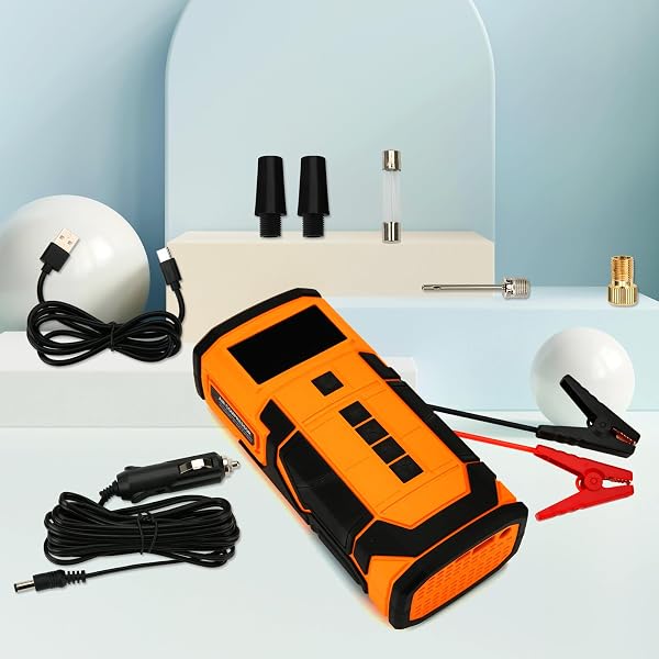 CAR JUMP STARTER WITH AIR COMPRESSOR, 3000A CAR BATTERY JUMPER STARTER PORTABLE (9.0 GAS/6.5L DIESEL) WITH 150PSL DIGITAL TIRE INFLATOR PORTABLE CAR JUMP BOX WITH JUMPER CABLES, CHARGER, LED LIGHT