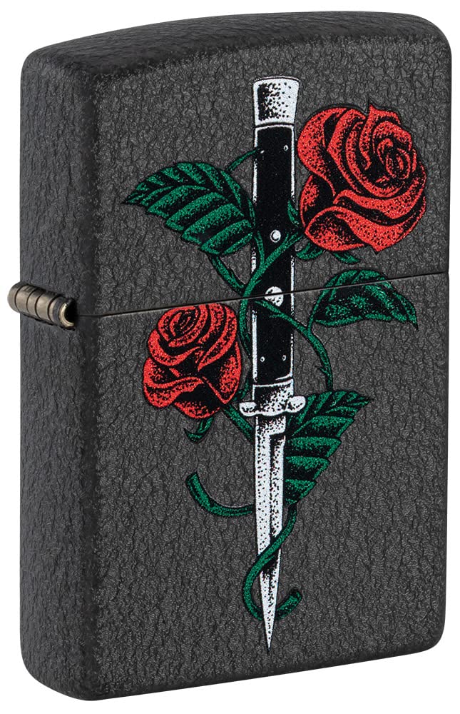 Zippo Windproof Lighter - Model Rose Dagger - Black Crackle Finish, Colour Image - Refillable - Reusable - Windproof Design - Gift Box - Made in USA