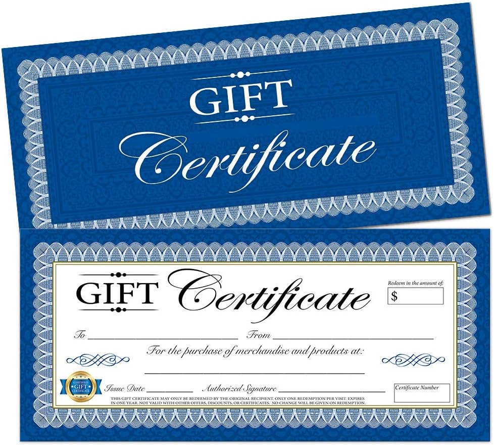 Office School Supplies Retail Stores Perfect Marketing Tool For Hair Salons Size 4x9 Blue 25 Blank Gift Certificates For Your Business Restaurants Office Products