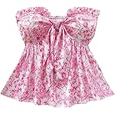 SOLY HUX Women's Floral Print Tie Front Tube Top Strapless Sleeveless Ruffle Hem Summer Bandeau Tops