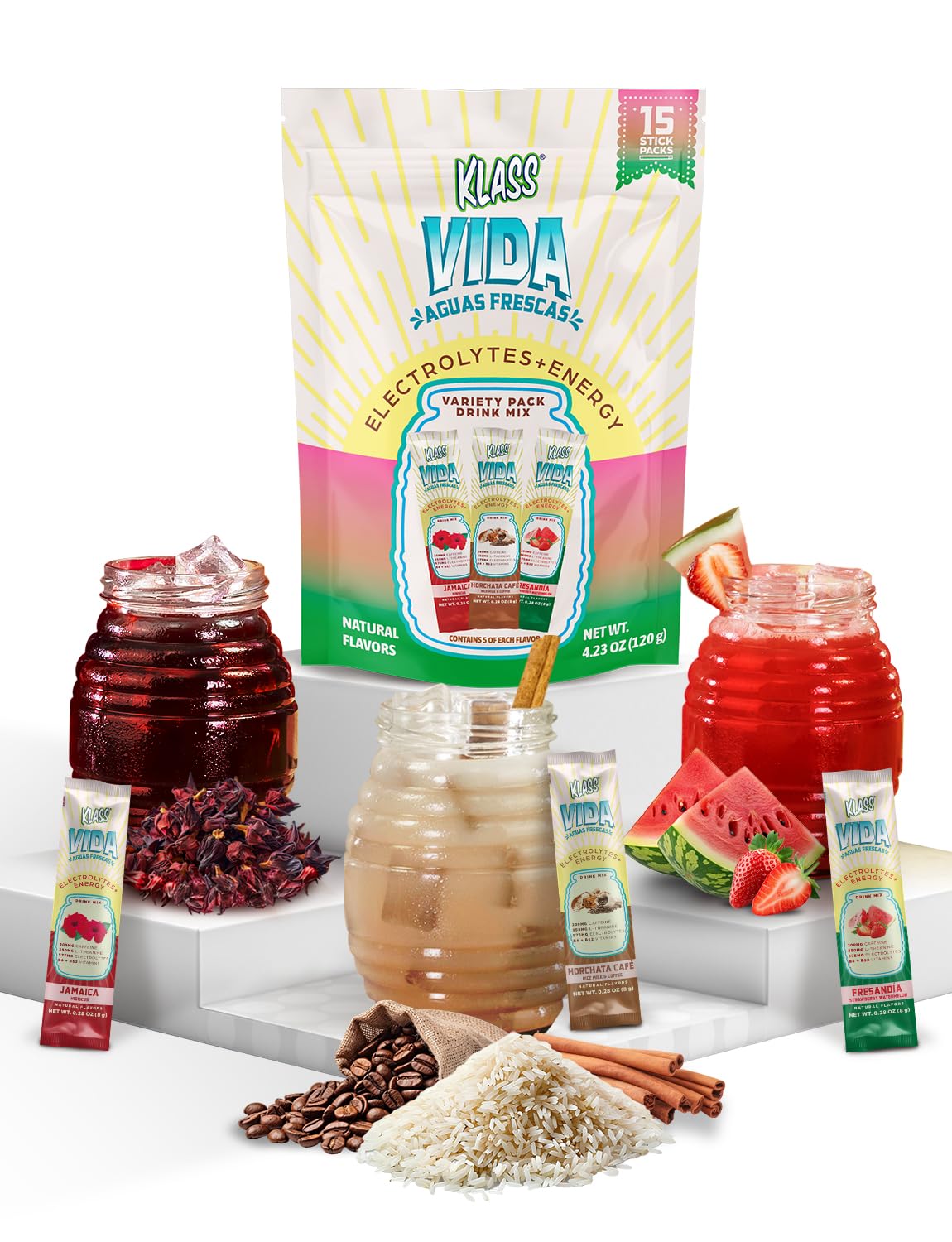 View 1 of KLASS VIDA Hydration + Energy Sugar-Free Powder Packets |Electrolyte Agua Fresca Drink Mix, Caffeine & Theanine |Hibiscus, Horchata, Strawberry Watermelon |15 Single Serve Sticks |Low Calorie