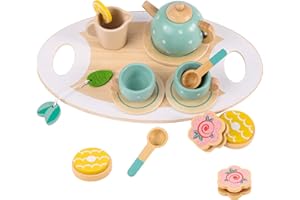 PITHFOR Wooden Tea Set Toys, Play Tea Party Set for Little Girls, Play Food Toys Tea Set for Kids Toddlers, Play Kitchen Accessories