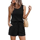Ekouaer Rompers for Women Summer 2026 Casual Sleeveless Scoop Neck Tank Top Ribbed Short Jumpsuits Romper with Pockets