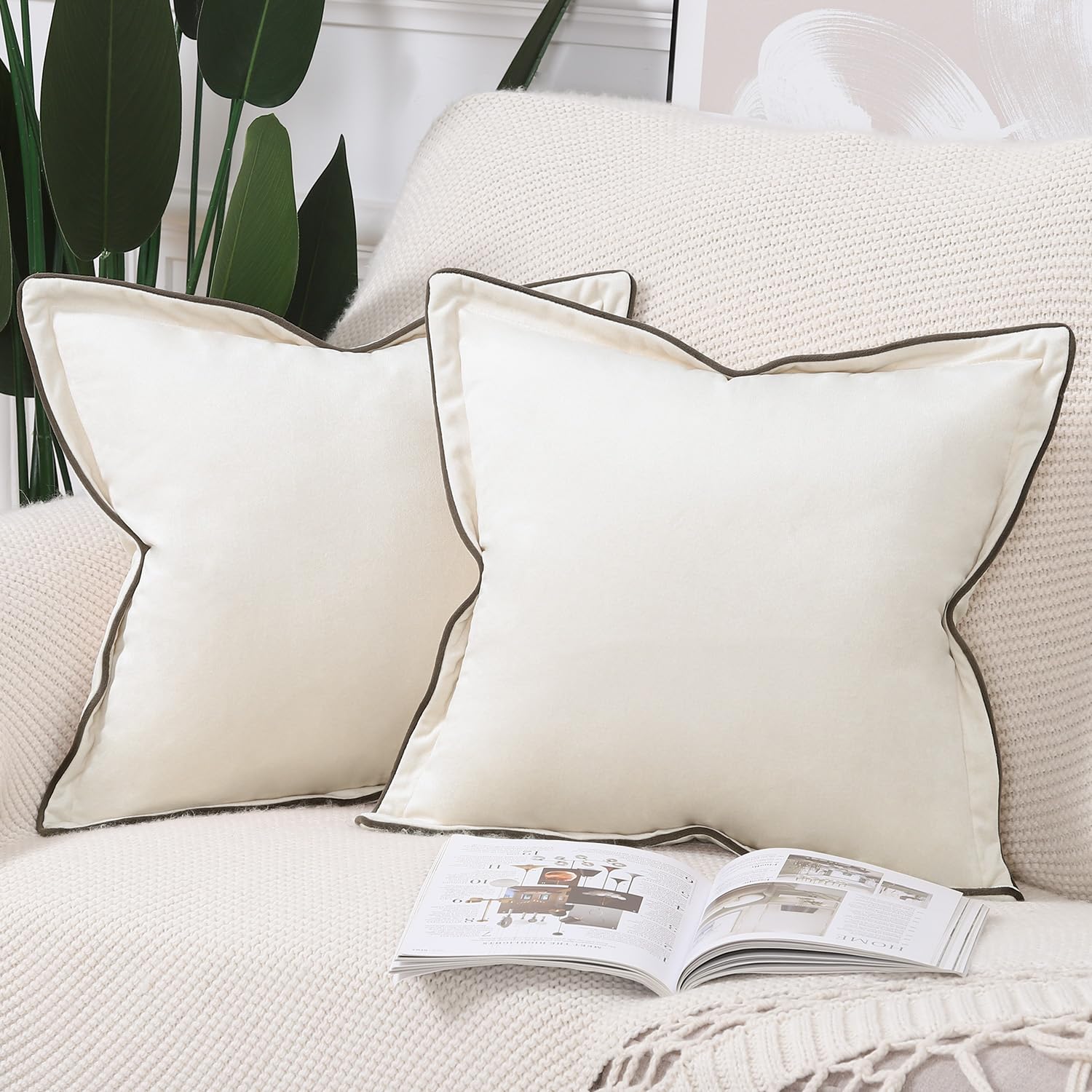 Madizz Set of 2 Velvet Fringed Throw Pillow Covers 20x20 inch, 50x50 cm, Cream White Soft Decorative Cushion Cover for Sofa Bedroom Pillow Shell