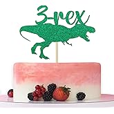 Three Rex Dinosaur Cake Topper, Dinosaur Birthday Decorations, Happy 3rd Birthday, Kids' Dinosaur Theme 3rd Birthday Decorations Green Glitter