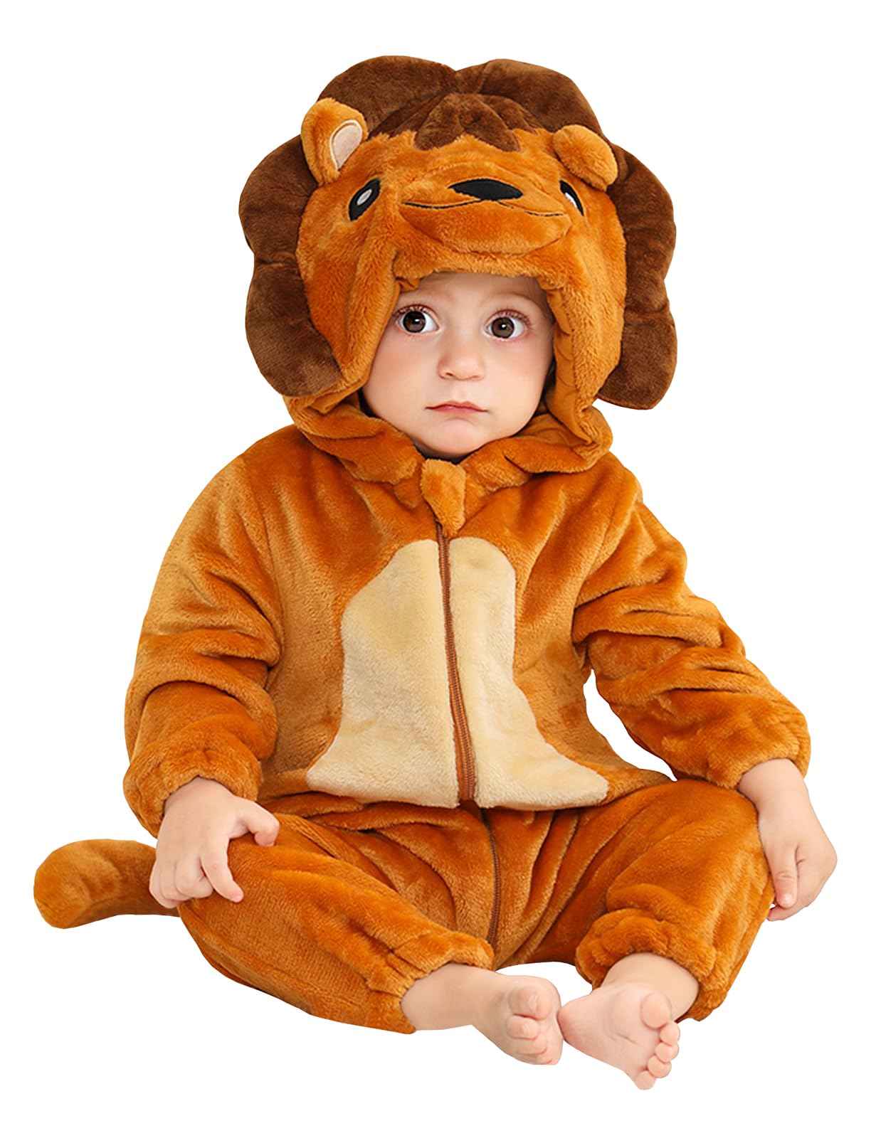 MOMBEBE COSLAND Baby Lion Costume Kids Animal Hooded Romper Onesie Infant Halloween Costume, Lion, 3-6 Months