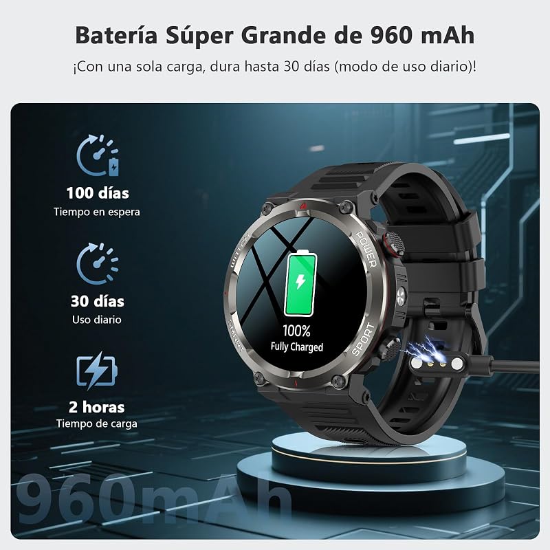 Reloj Inteligente Hombre con Llamadas con Linterna y Brújula, 960mAh Batería 1.45" Militar Smartwatch Hombre con,123 Modos Deporte,Monitor Cardíaco 24h/SpO2/Sueño,Podómetro,IP68,2Correas(iOS/Android)