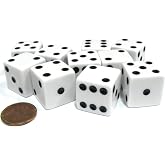Set of 10 Large Six Sided Square Opaque 19mm D6 Dice - White with Black Pip Die