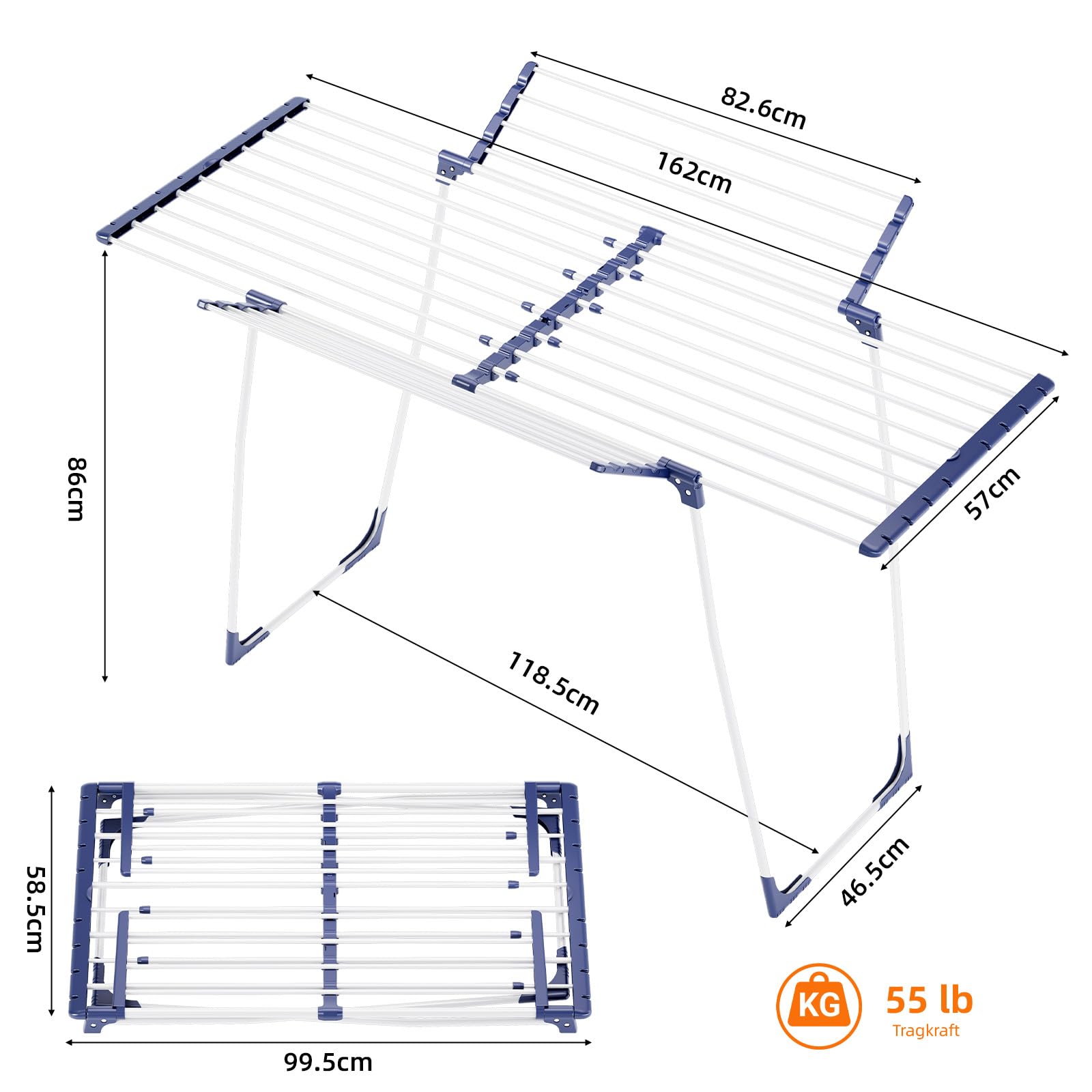 KINGBOARD Wäscheständer klappbar ausziehbar, Flügelwäscheständer 57 x 162 x 86 cm, Stabiler Standtrockner mit rutschfesten Füßen für Innen und Außen, Weiß 4