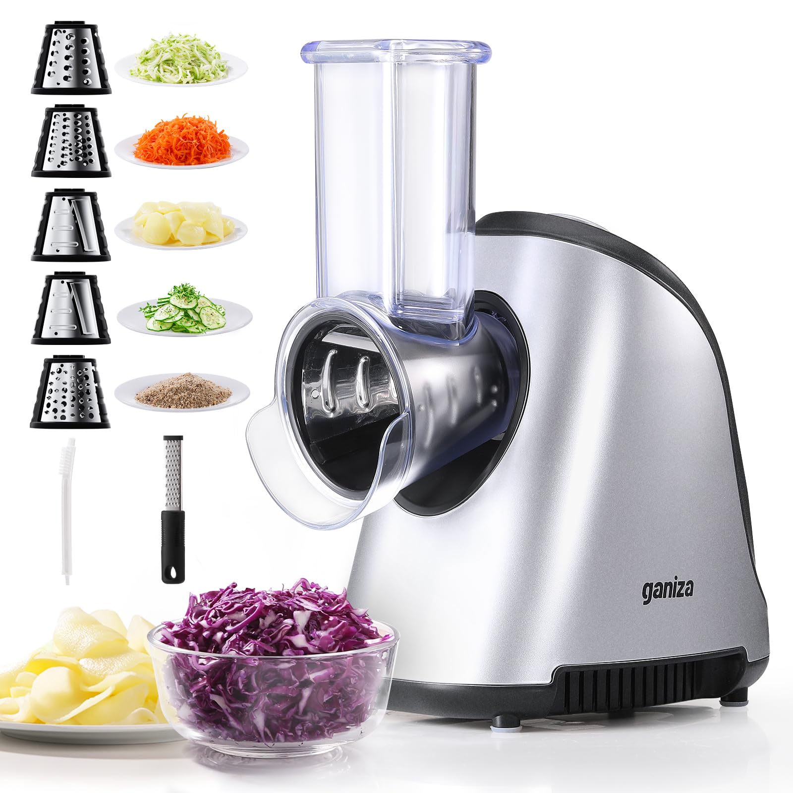 Photo 1 of **PARTS ONLY***Ganiza 5-in-1 Electric Cheese Grater for Kitchen, Max 250W Cheese Shredder, 5 Changeable Blades Salad Shooter, Slicer Electric for Cheese/Veggies/Salad with an Extra Zester grater