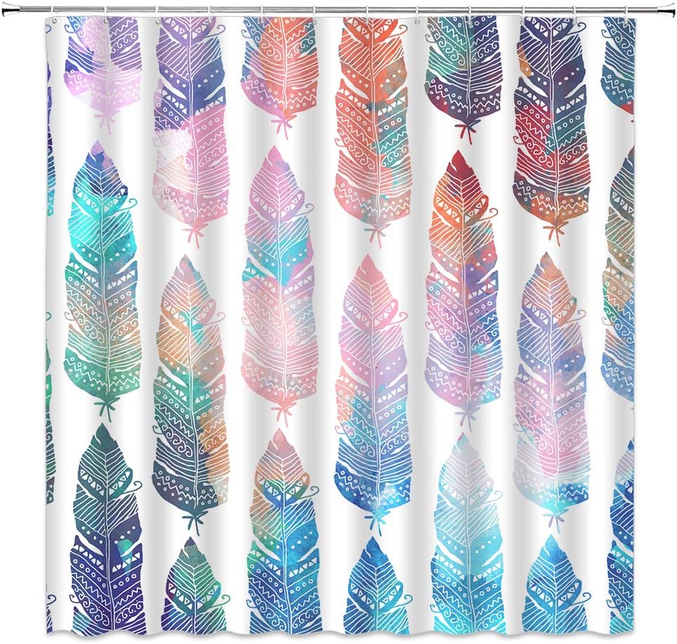 BOYIAN Feather Shower Curtain Decor Bohemia Colorful Bird Animal Skin Hand Drawn Geometry Pink Blue Fabric Bath Curtains Bathroom Accessories Polyester with Plastic Hooks 70x70 Inch