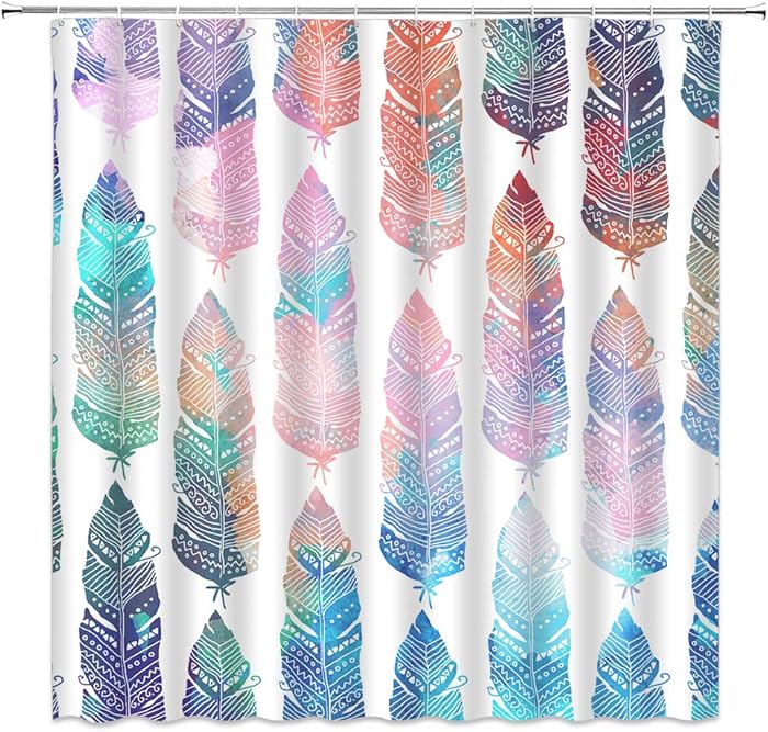 BOYIAN Feather Shower Curtain Decor Bohemia Colorful Bird Animal Skin Hand Drawn Geometry Pink Blue Fabric Bath Curtains Bathroom Accessories Polyester with Plastic Hooks 70x70 Inch