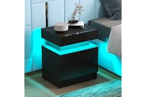 CHF DPT LED Nightstand with 2 Drawers, Small Modern Nightstand with LED Lights and Countertop Storage, High Glossy Bedroom Nightstand for Bedroom and Living Room (Black)