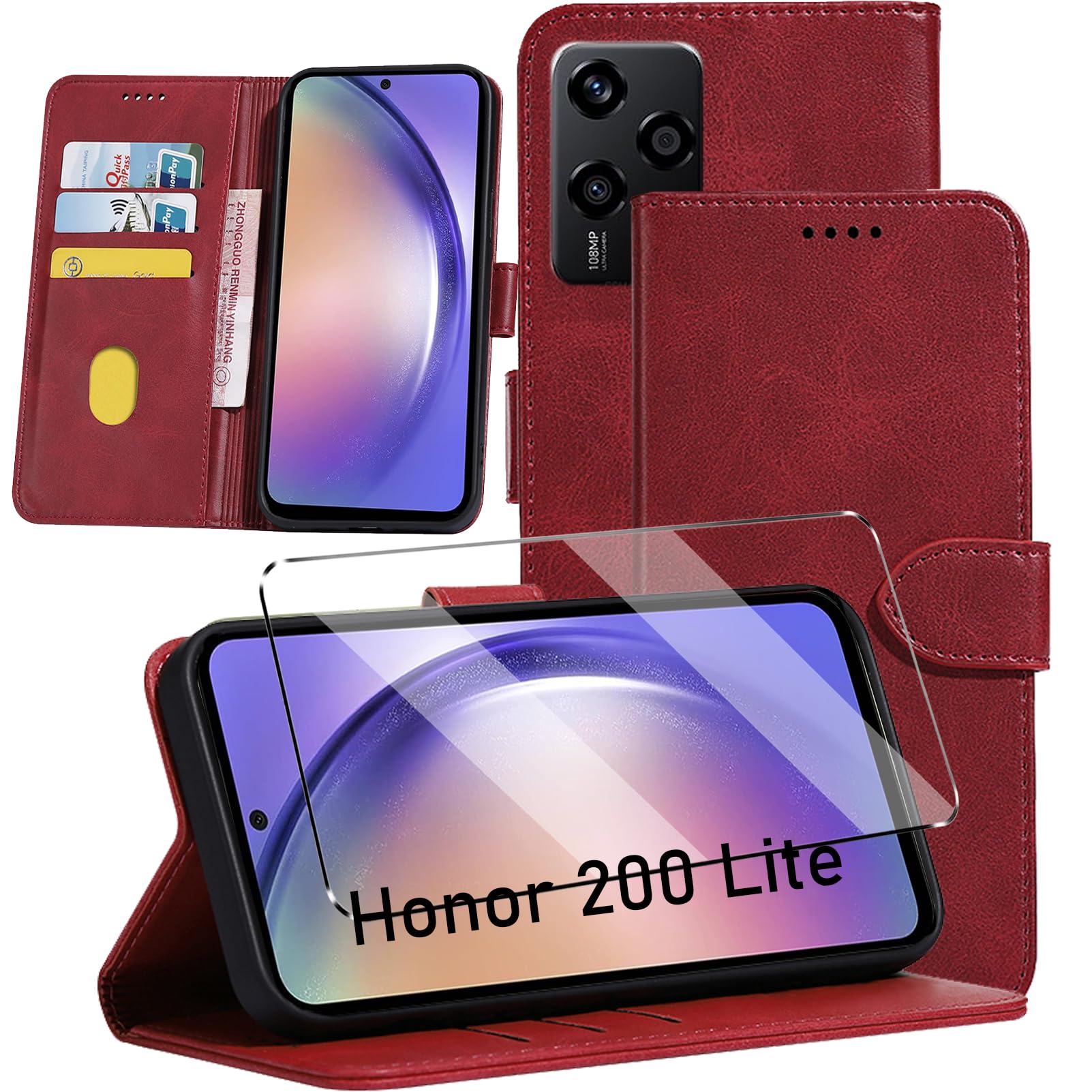 HuiYouMY 2-in-1 Case Compatible with Honor 200 Lite Leather Phone Case, Wallet Case Cover [Card Slots] [Kickstand] Magnetic Closure Full Protection Book Folio Design wallet flip phone case - Red