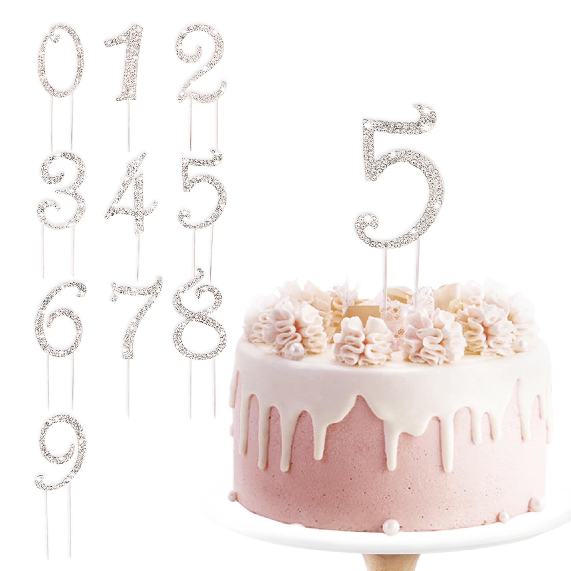 Photo 1 of BEIDHIA Number Cake Topper 0-9,Silver Bling Rhinestone Happy Birthday Cake Topper for 5th 16th 18th 21st 30th 40th 60th 70th Birthday Party Anniversary Wedding Cake Decorations