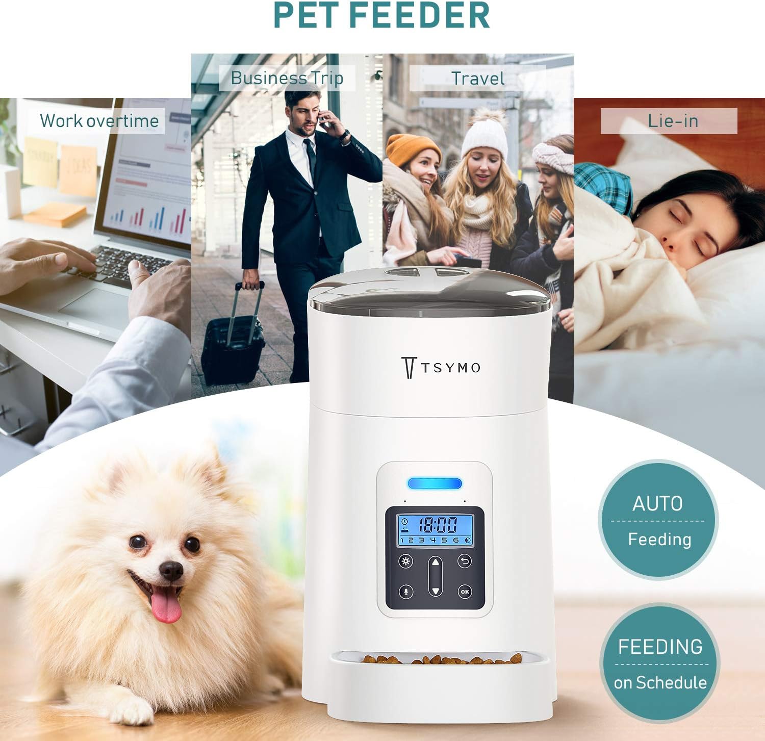 Pet Supplies : TSYMO Automatic Cat Feeder - 1-6 Meals Auto Dog Food Dispenser with Anti-Clog Design, Timer Programmable, Voice Recording & Portion Control for Small & Medium Pets (4 L White) : 