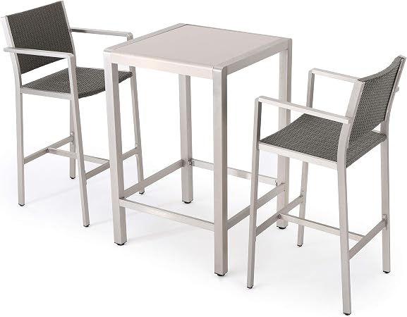 Amazon Com Crested Bay Patio Furniture 3 Piece Grey Outdoor Wicker And Aluminum Bar Set With Tempered Glass Top Garden Outdoor