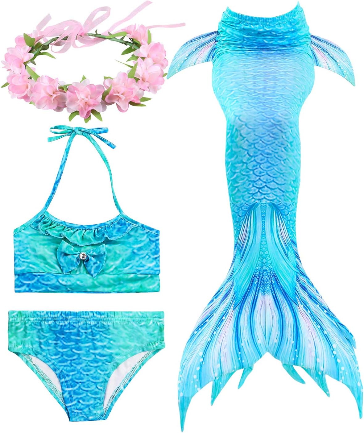 Hifunbay Kids Girls Mermaid Swimming Costume Included 3PCS Swimmable Bikini Swimsuit and Flower Garland Headband