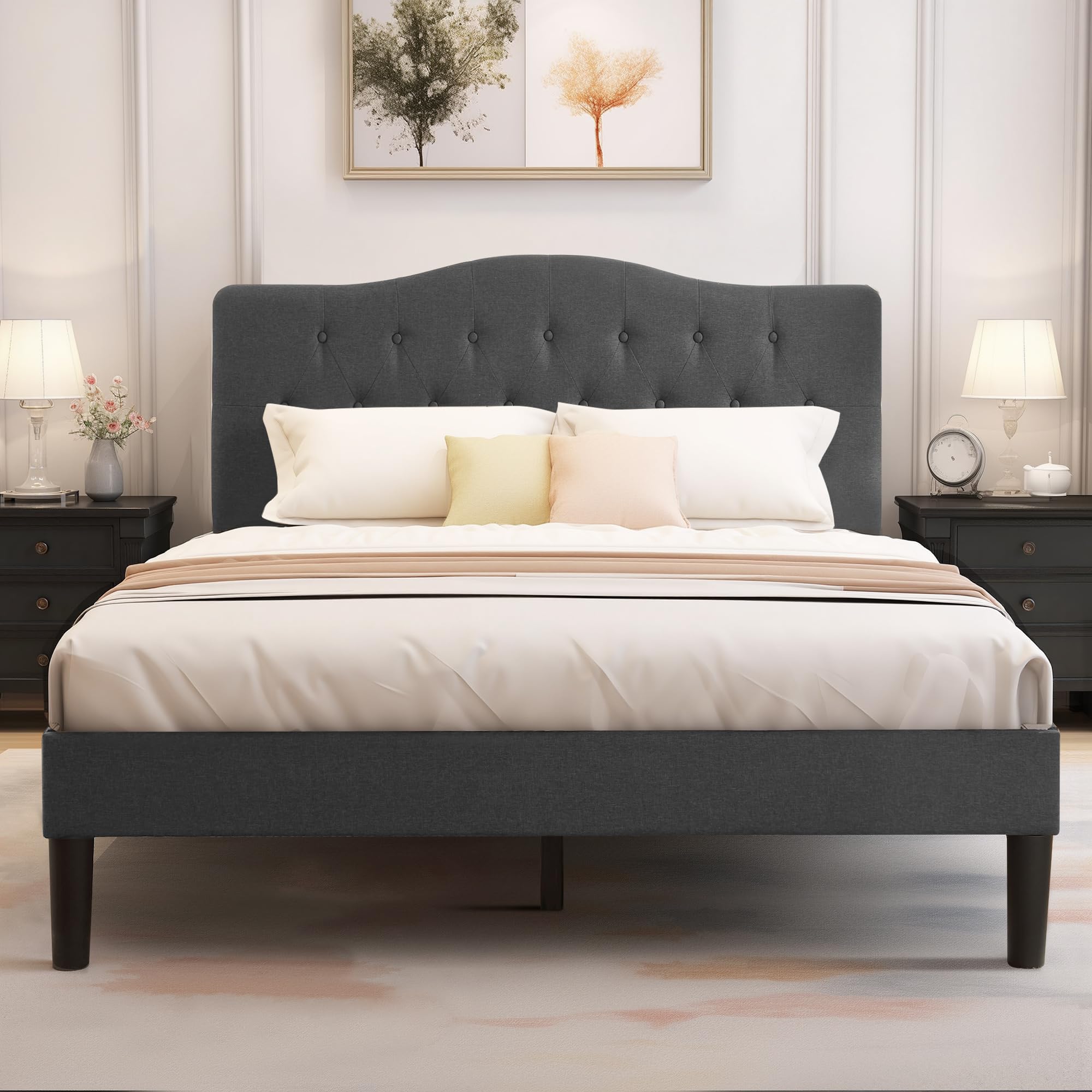 VECELO Full Size Platform Bed Frame with Fabric Upholstered Headboard and Wooden Slats Support, No Box Spring Needed/Easy Assembly,Grey Image VECELO Full Size Platform Bed Frame with Fabric Upholstered Headboard and Wooden Slats Support, No Box Spring Needed/Easy Assembly,Grey Image
