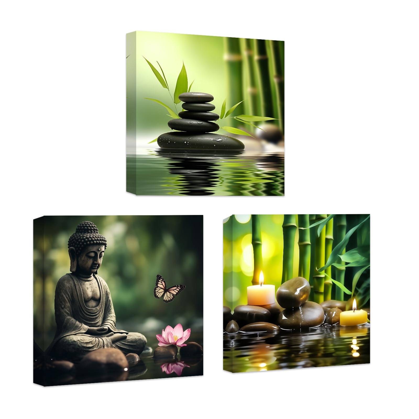 CCWACPP Zen Canvas Wall Art 3 Piece Bamboo Spa Pictures Zen Stones Candles Painting Buddha Print Bathroom Beauty Treatment Meditation Room Decor Framed (30x30cmx3)