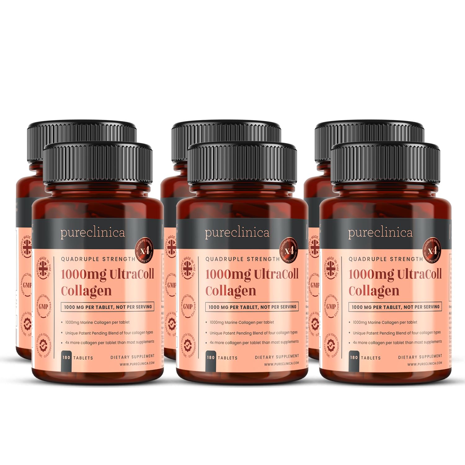 UltraColl Marine Collagen 1000mg x 1080 Tablets (6 Bottles of 180 Tablets - 18 Months Supply). The Only Patented Anti-Aging Collagen Types I, II, III, and VII