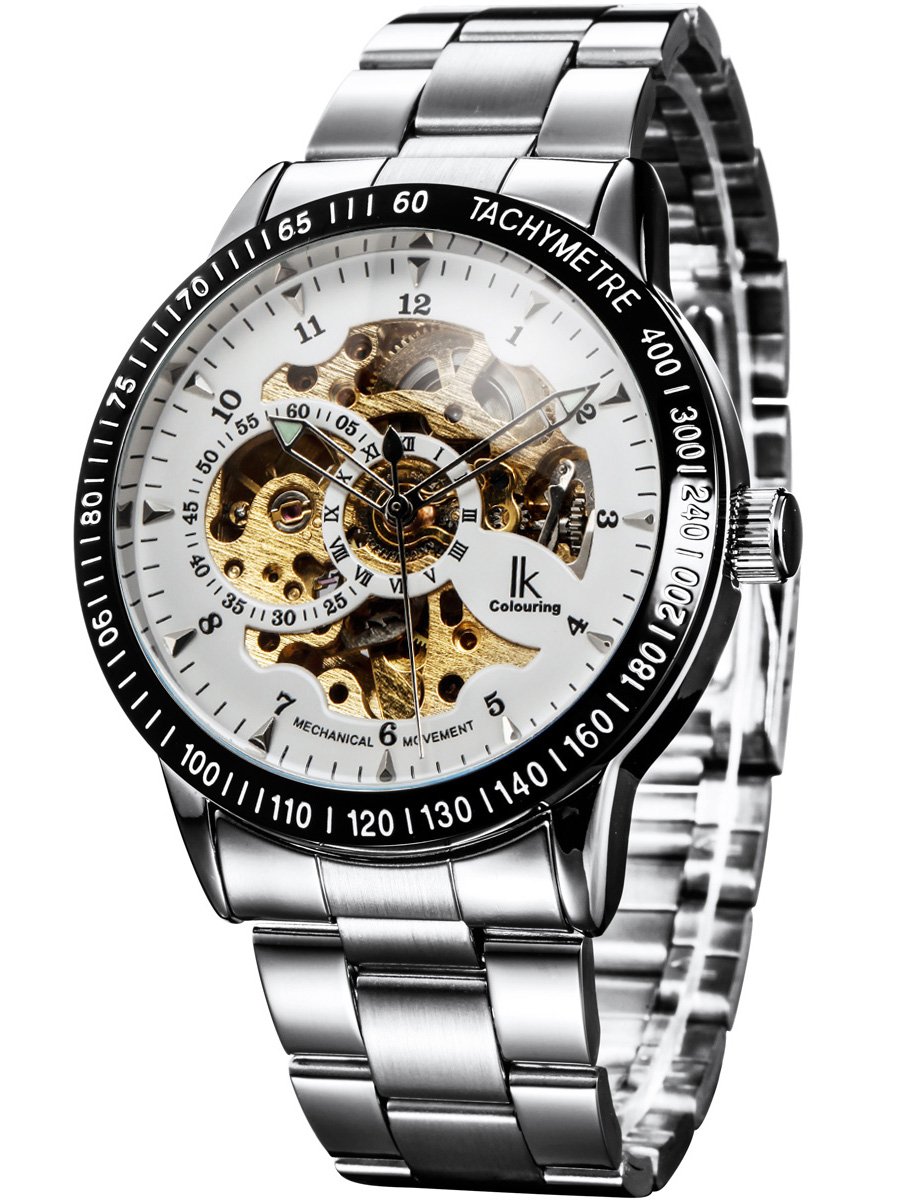 Alienwork IK Automatic Watch Men Women Silver Stainless Steel Metal Strap White Skeleton Glass Bottom