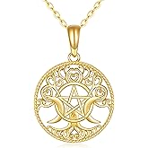KECHO 14K Gold Pentagram Pentacle Necklace Triple Moon Goddess Pentacle Necklace for Women Real Yellow Gold Pagan Wiccan Magic Amulet Jewelry Gifts