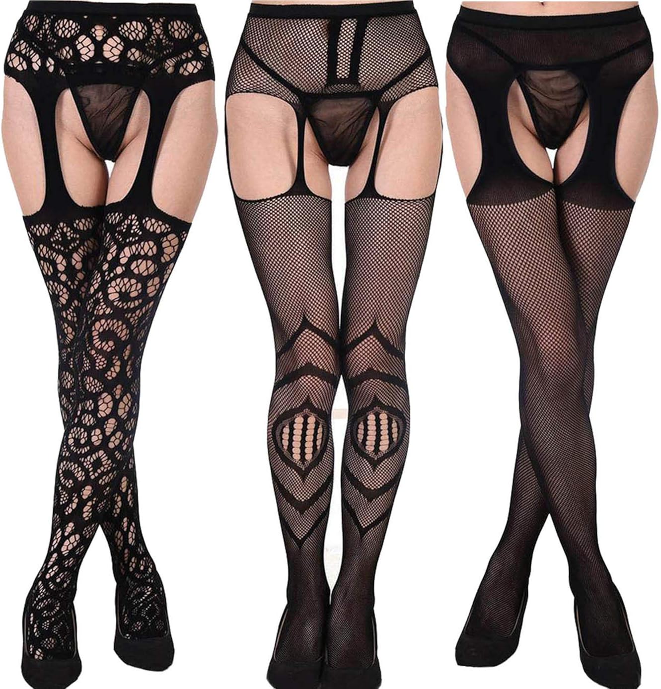 Women's Fishnet Tights Suspender Pantyhose – Stretchy Stockings, Pack Of 3, One Size Fits Most